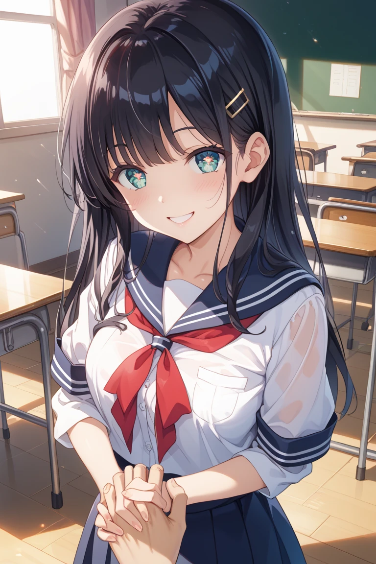 (((masterpiece, highest quality:1.3,absurdres))),cowboy shot,18 year old beauty,solo,((very small head:1.4)),ponytail hair style,long hair,blunt bangs,black hair,glay eyes,smile,blush,medium breasts,((very long body,slender body)),skinny,gleaming skin,shiny skin,   ,(School uniform、Red neckerchief、White Sailor Suit、Short sleeve、Navy blue sailor collar、Navy blue pleated mini skirt),    ,standing,classroom、Japanese School、