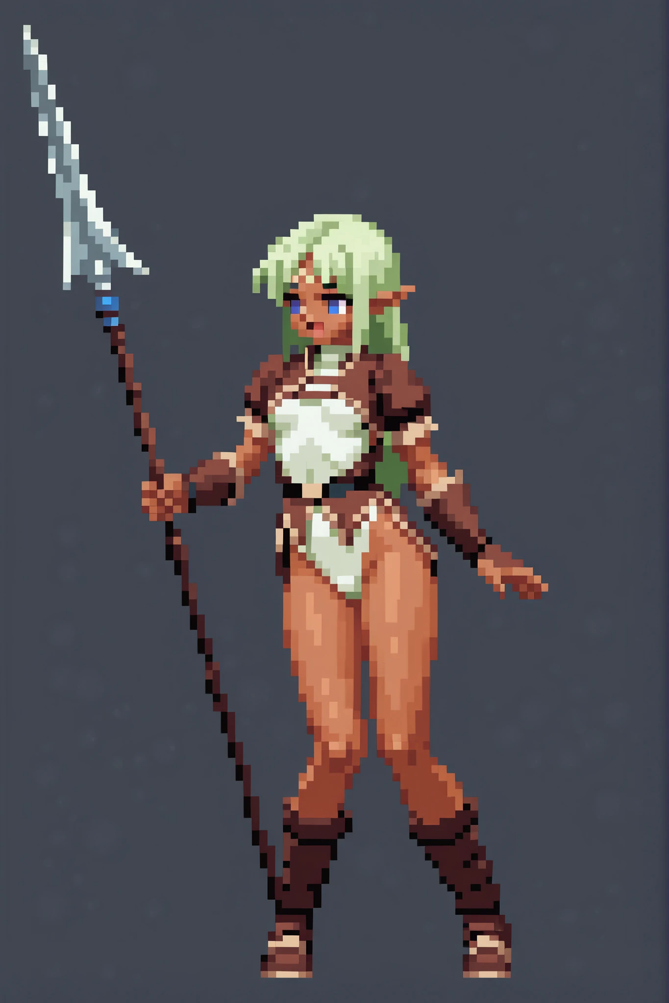 2girl, elf, dark skin, breasts, (long green hair:1.1), blue eyes, brown adventurer outfit, leotard, white background, full body, pixel art, spear, (loli)