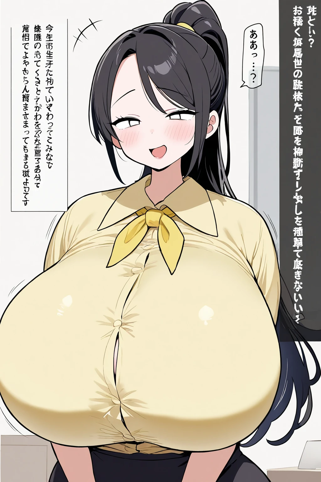 School class scenario, an Italian girl with very long black hair, gigantic breasts, thin, girl, the girl is wearing a blouse and a miniskirt with lapels