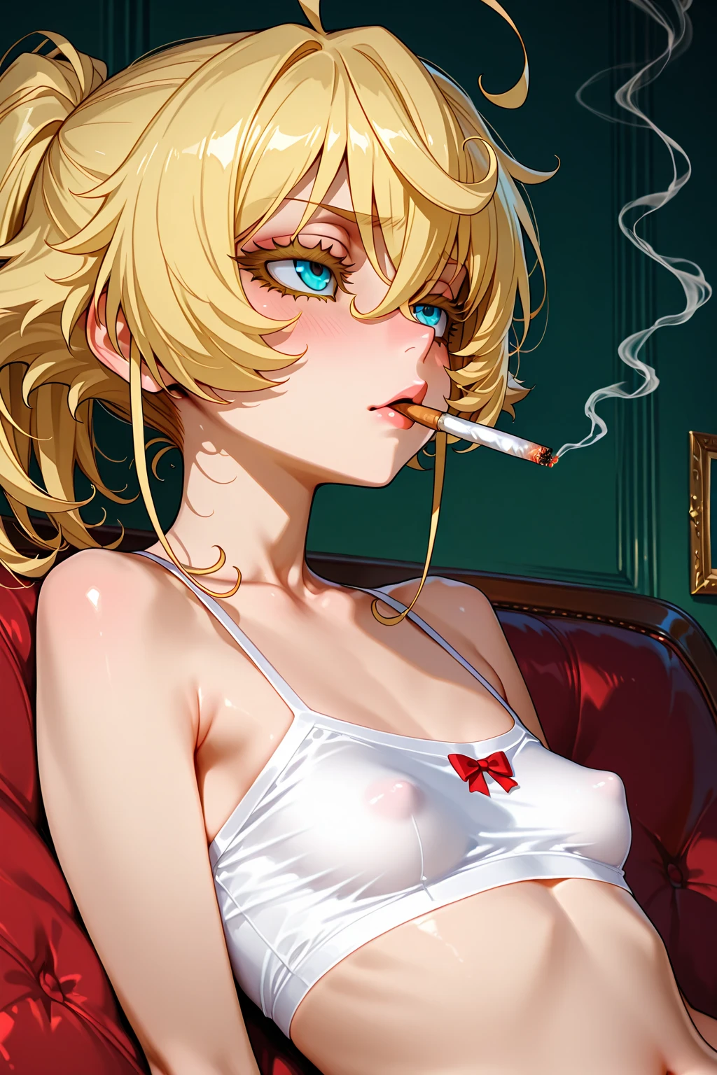 punctuation_9, punctuation_8_High above, punctuation_7_High above,punctuation_6_High above, punctuation_5_High above, punctuation_4_High above , breasts big, 1 girl, Bowsete, standing alone, hollow, hollow,smoke,cigar,Cigar in hand,smoke,makeHigh above, hair blonde, bangss, side locks, thick eyebrows, hair between the eyes, makeHigh above, very transparent dress, collant branco, transparentes, white choker, thigh boots, separate breasts, sitting down,cross legs, pub \(place\), neon lights, light particles, bothered, half-closed eyes, dim_Lighting,