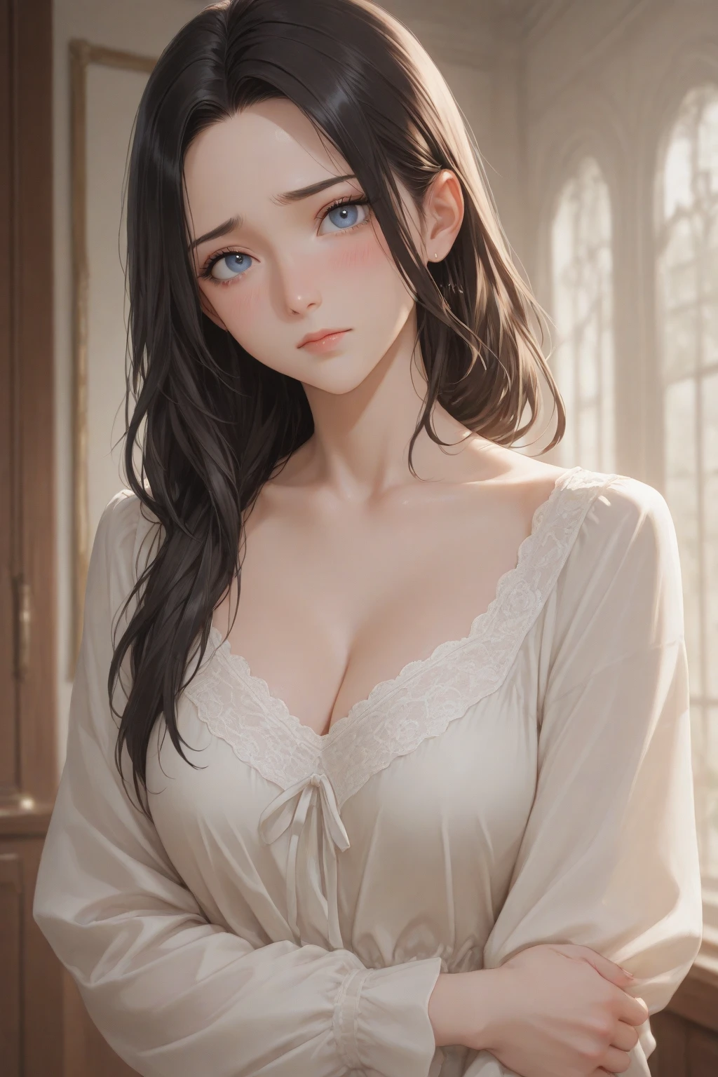 DETAILED, DENSE, MASTERPIECE, one girl, beautiful, wearing white cardigan, black hair, 22 years old, smooth skin, brown eyes, soft lips, pale pink lips, (viewer Looking down: 0. 8) smiling slightly, cheeks stained, shy, mouth open, bangs, white sleeves, white clothing, one girl, soft skin, large breasts, glowing skin, cinematic lighting, rich lighting, room lighting, simple gold necklace, diamond necklace, white Lace bra, high angle, low angle, (Masterpiece: 1.0), (Realistic: 1.6), (Soft Focus: 1.5)