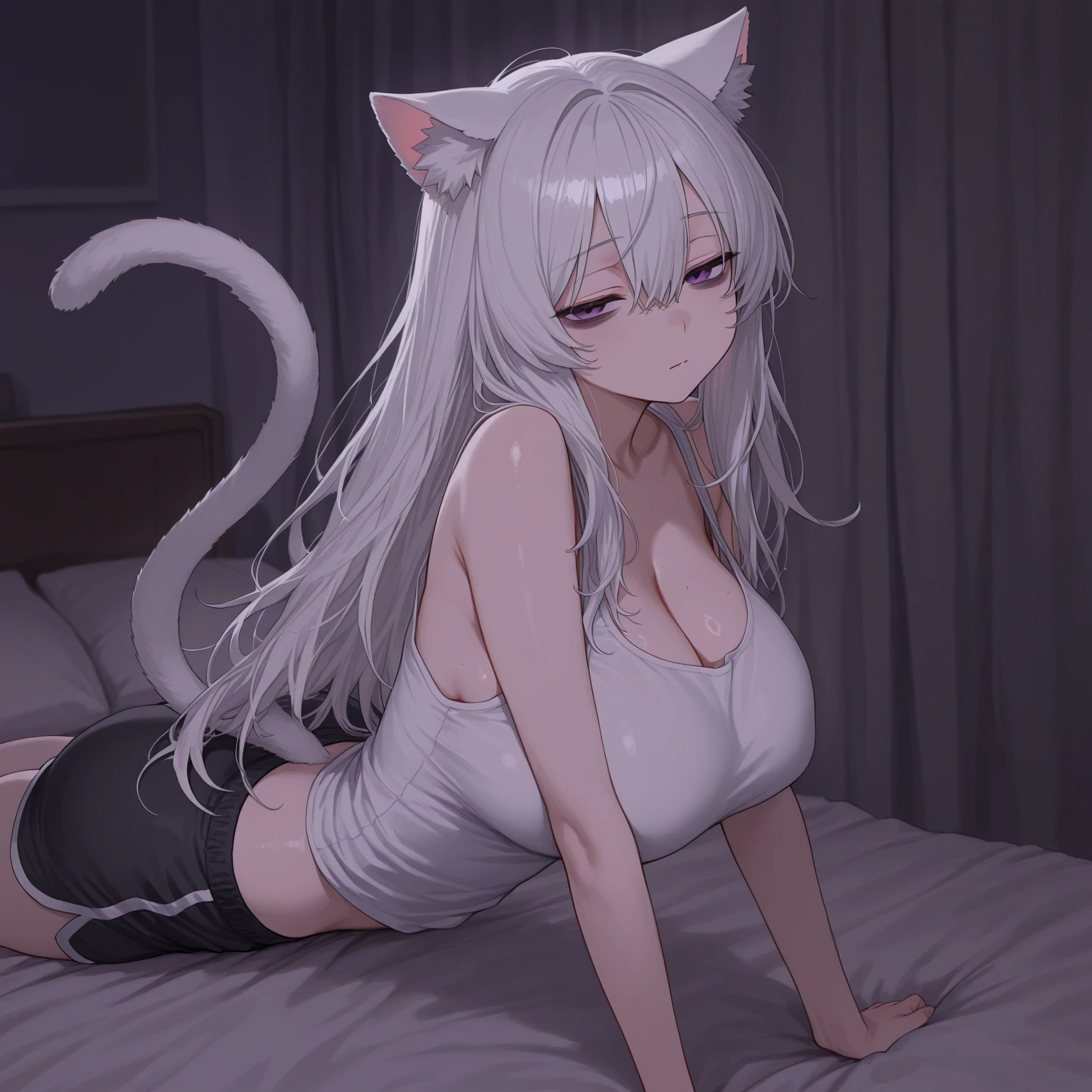 atractiva mujer. orejas de tigre blanco, cabello blanco con rayas negras, ojos azules como zafiros, piel clara bronceada, pechos grandes, blue bra and panties , esta en una cama de noche. sonrisa picara mostrando los dientes.