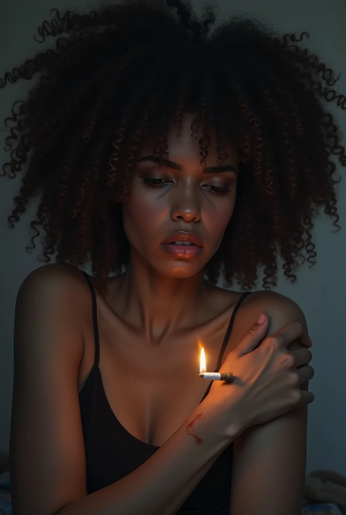 photograph of a woman, (troubled facial expression), textulight chocolate skin, goosebumps, blonde afro hair, plaid flannel shirt with distressed bikini indian sare, milky shot, with African black man kissing , perfect eyes, (candlelight,chiaroscuro), Porta 160 color, shot on ARRI ALEXA 65, bokeh, sharp focus on subject, shot by Don McCullin