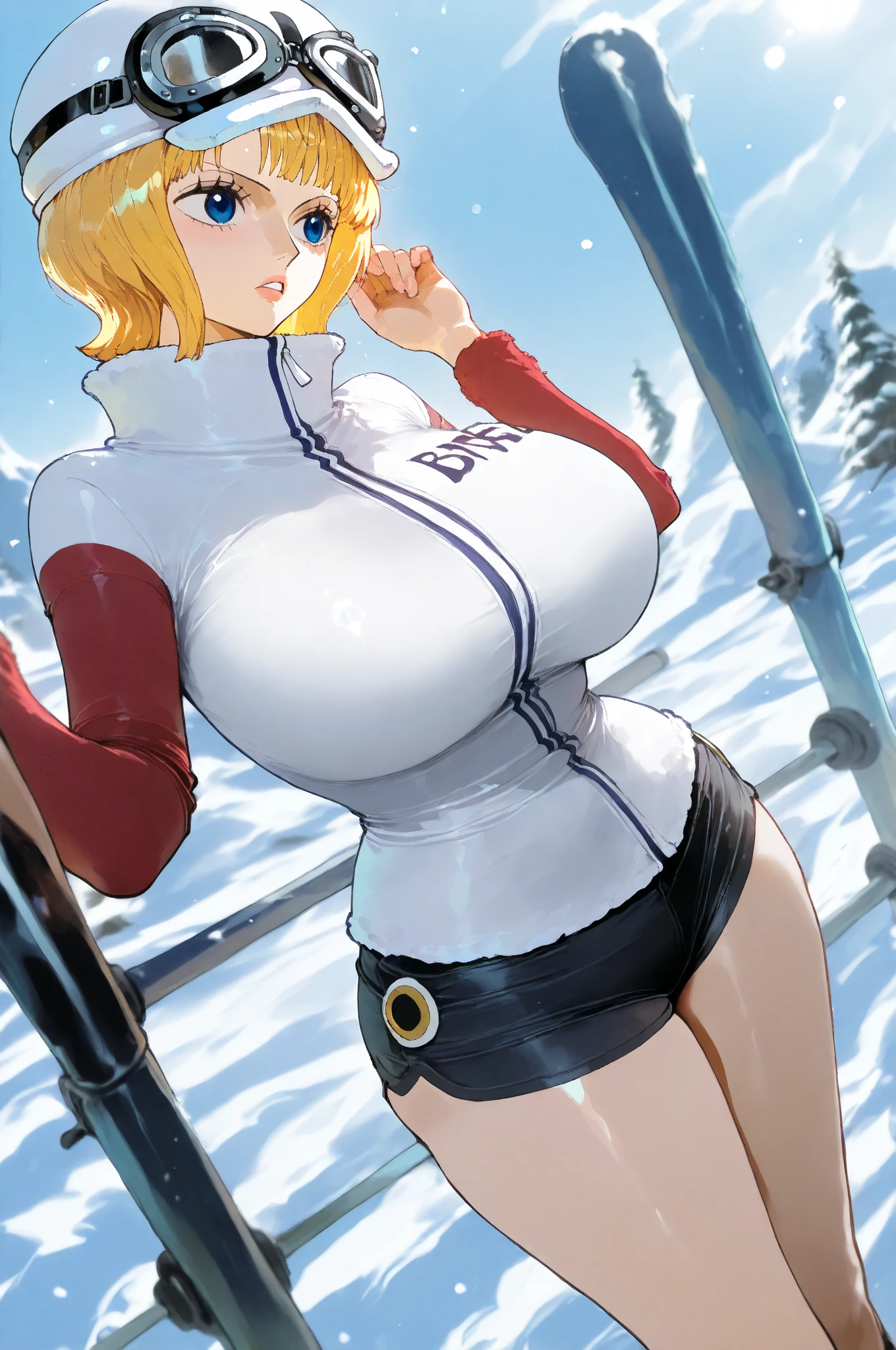 blonde hair, short hair, hairband, Purple eyes, 16years old, , empty eyes , large breasts, solo, nipple, ride a bicycle, , Heavy snowfall area frozen wet crying mountain solo