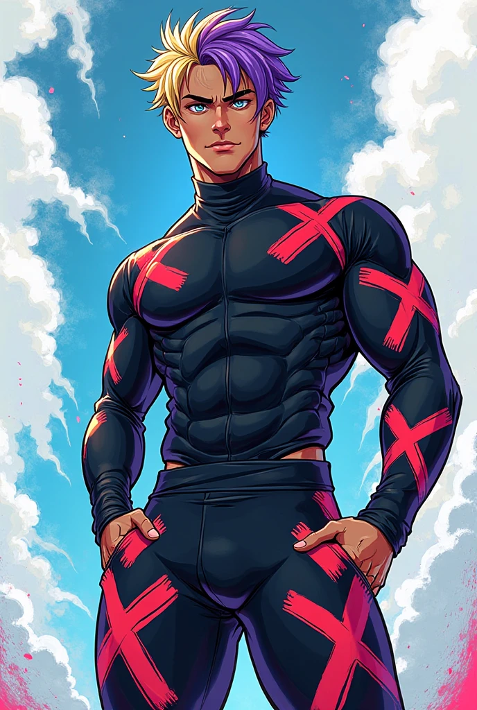 1boy,androgynous, bodybuilding, dark blue messy hair, wide extremely vibrant blue eyes, hd, masterpiece, vibrant, red high heels, slim dark blue hoodie, slim fit blue super shorts, full body view, warm smile, black stockings, male bulge, bulge