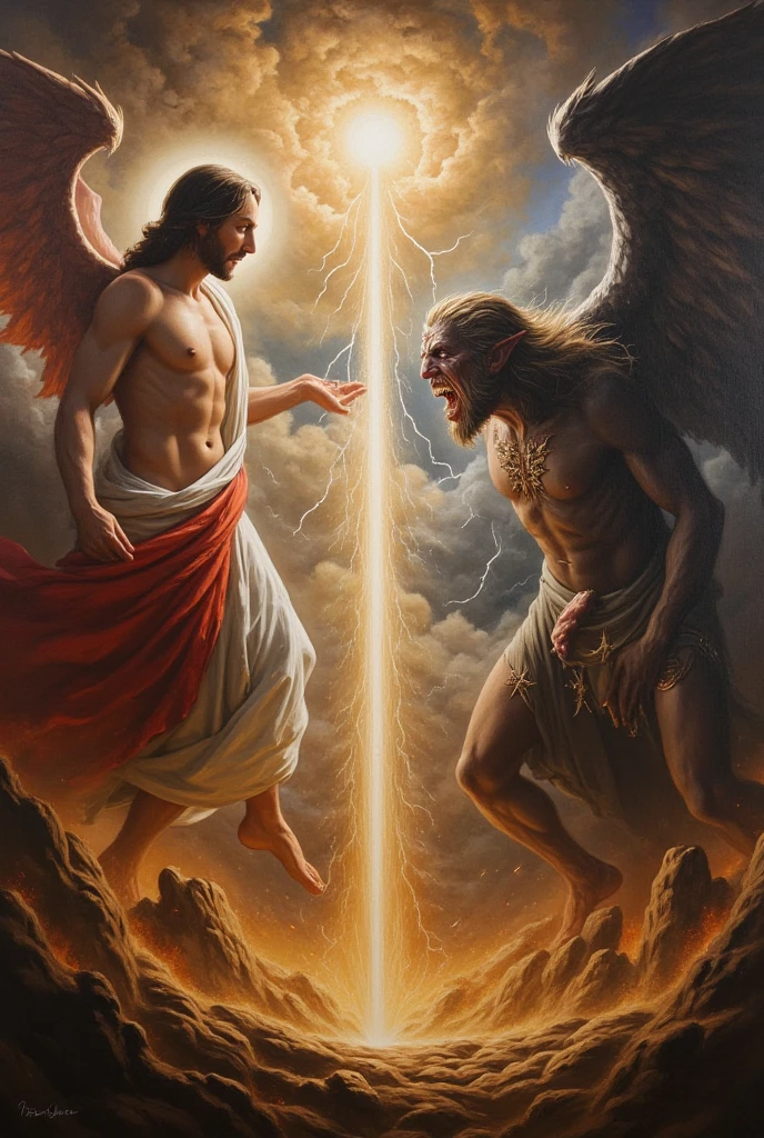 Imagem arfed de um homem com barba e rosto de jesus, jesus christ fighting lucifer, diabo versus anjo, fazendo um acordo com o diabo, heaven vs hell, anjo versus diabo, angels vs demons, batalha entre o bem e o mal, satan in hell, jesus christ is the doom slayer, A batalha final no inferno, o bem contra o mal, o bem contra o mal