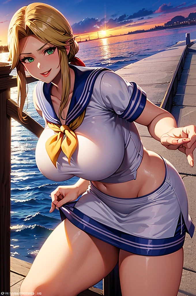 {Highest quality}, {so beautiful}, {Super detailed}, {Best illustrations}, Browsing Caution, Realistic, masterpiece, Highest quality, (Beautiful Eyes), 1 high school girl, Huge breasts, Sweat, night, Outdoor, Vibrant restaurant, Micro Bikini, ひものみのMicro Bikini, Grin, Wet Face, Wet body, ponytail, Earrings,  White apron,  Puff short sleeves,  Small tray,  Central opening, 、Camel Toe, great tit, Nipple puffs, Cleavage, plump, Super big breasts, Super big ass