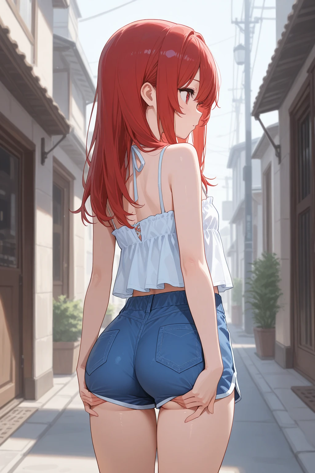 masterpiece, best quality, anime, Hoshizora rin, solo, stockings, orange hair, white collared shirt, short shorts, wide hips, ass, boots, hands on hips, strapless, black stockings, back, walking, looking back, cowboy shot, dutch corner, outdoor, medieval, back, back, long-sleeved,
