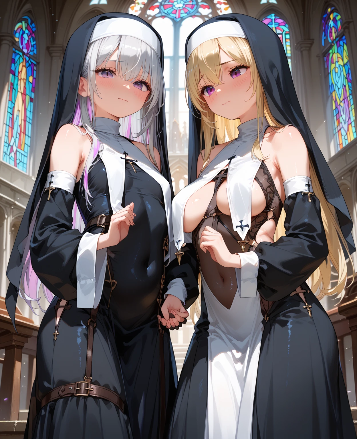(best quality, In 4K, 8K, High resolution, muste piece:1.2),(two women with different hair lengths),Super detailed, (Reality, photorealistic, photorealistic:1.37), 30 year old woman,ripe woman,((inside a church),muste piece, Top quality, Ultra-fine,maximum resolution, Extremely detailed, ((nun,Angle from below,high neck,White panties)),Cord,smile,open mouth huge tits,gray hair,Seductive thighs,mini skirt