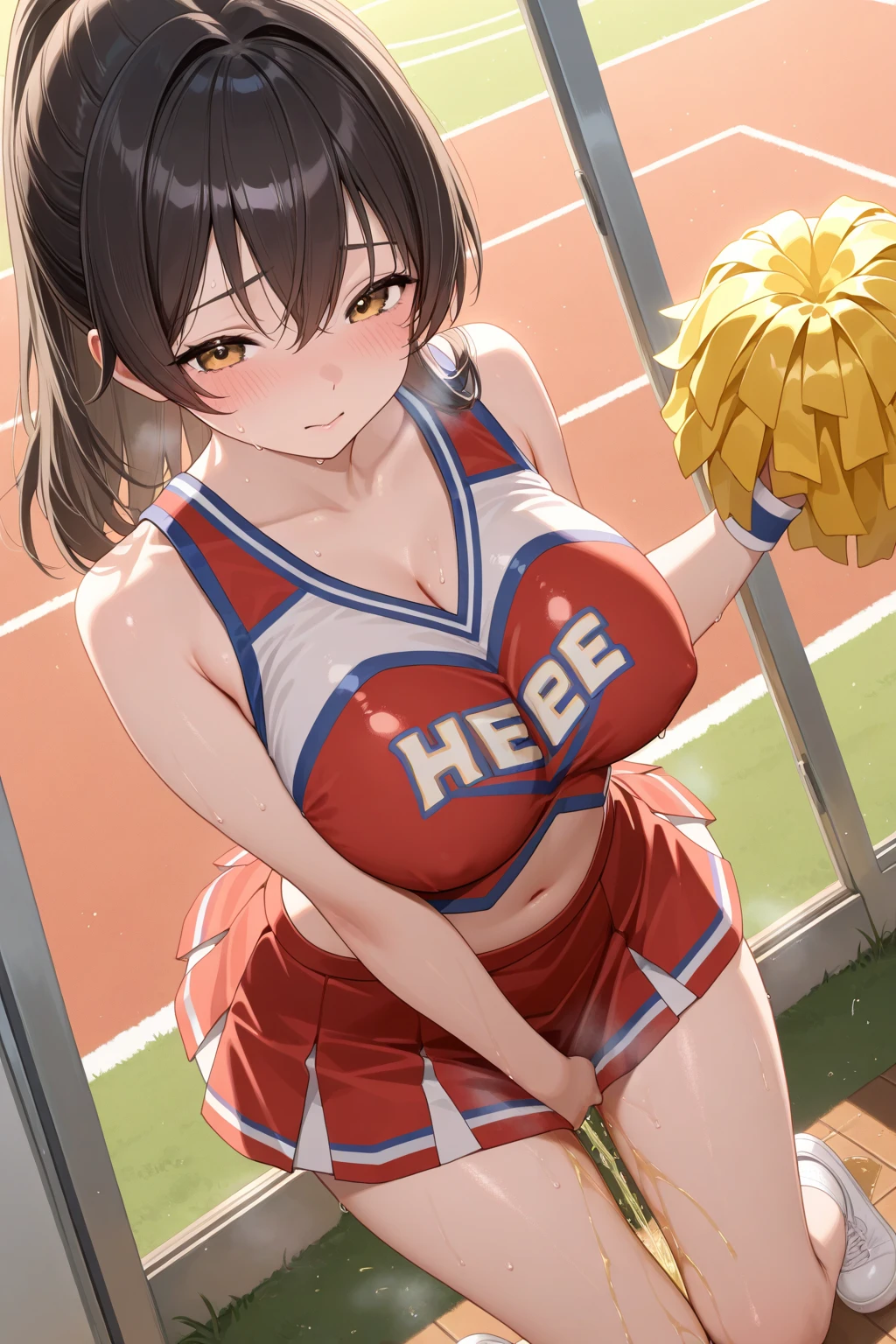 1girl, solo, masterpiece, best quality, high res, highly detailed, (illustration), beautiful detailed eyes, yuigahama yui, single hair bun, glossy lips, light makeup, standing, cheerleader, cleavage, midriff, locker room