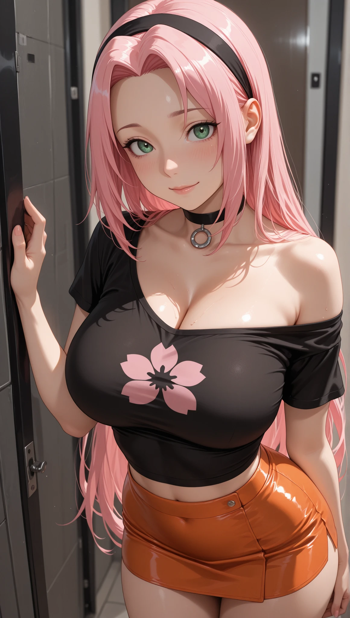 Haruno Sakura,salura, naruto,Off the shoulder dress,A pink haired one,short, split,green eyes,(big deal :1.2),(off shoulder clothing:1.5),leaks from shoulder,(Smile:1.2)very tight vest,Sexy clothing,breasts pressed together, red tank top,bare stomach,skinny jeans