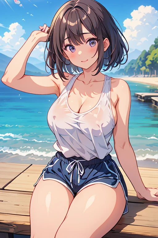 (8K、Highest quality、Highest quality、masterpiece)、Detailed face、One Girl、(Brown Skin:1.2)、Long Hair、Blue Eyes、Serious、(Tank Top、Denim hot shorts、Open Shorts、Unziped shorts、Mini Shorts、Legwear、No Panties、NoPanties、Spread pussy)、labia view、Beach、cloud、vagina、Pussy Lip、Wedgie between Pussy Lips、Big Breasts