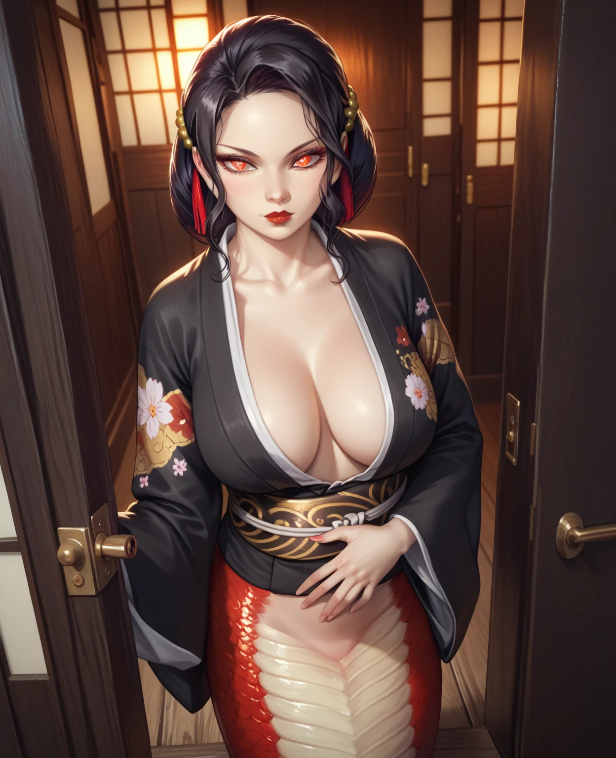hair ornament,japanese clothes,kimono, flower,gloves,black gloves,hair flower,elbow gloves,pantyhose, sash,obi,thighhighs,choker <lora:ЧиоÑи Genshin Impact(chiori,long hair,red eyes,big breasts(hair ornament,japanese clothes,kimono, flower,gloves,black gloves,hair flower,elbow gloves,pantyhose, sash,obi,thighhighs,choker):1>,chiori,long hair,red eyes,big breasts, skirt lift, blush, stomach, clothes lift, (no bra), underboob,lifted by self, 1girl in full growth, best quality, masterpiece, ultra-detailed, high quality, perfect nose, highly detailed skin, warm skin tone, defiance512, RAW photo, best quality, high resolution, (masterpiece), dreamlike, dreamy, modelshoot style, analog style, tonemapping, photorealistic, professional photography, sharp focus, HDR, 8K resolution, intricate detail, sophisticated detail, hyper detailed, (depth of field), highlight and shadow, volumetric lighting, cinematic bloom, professional light, looking at viewer, blotchy,