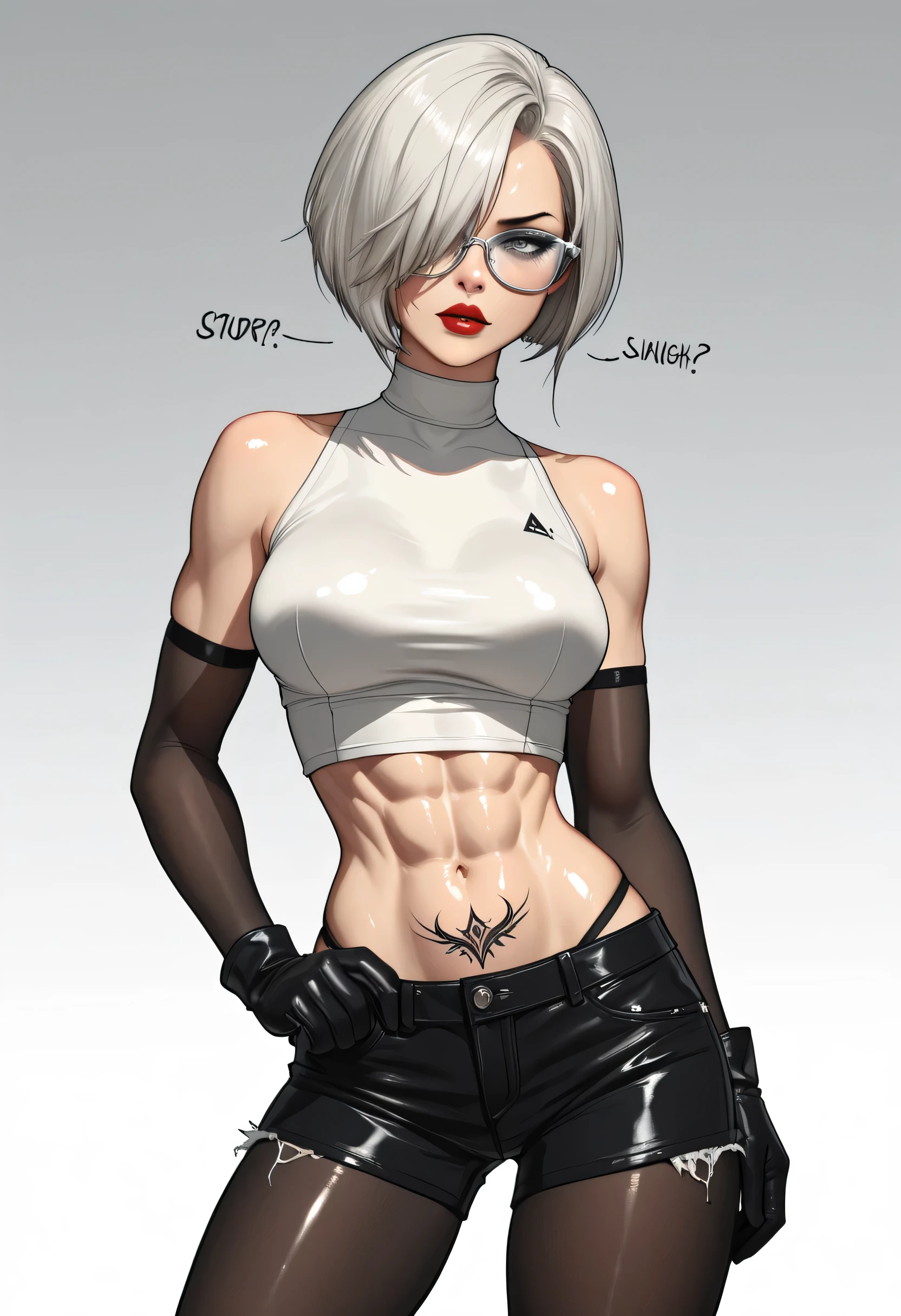 (lifelike, high - resolution:1.3), 1 girl with a perfect body,slender body, Super fine face and eyes,assasin, dark makeup, shiny skin,white hair, Tank top of random colors:1.2, short jeans,Expose cleavage