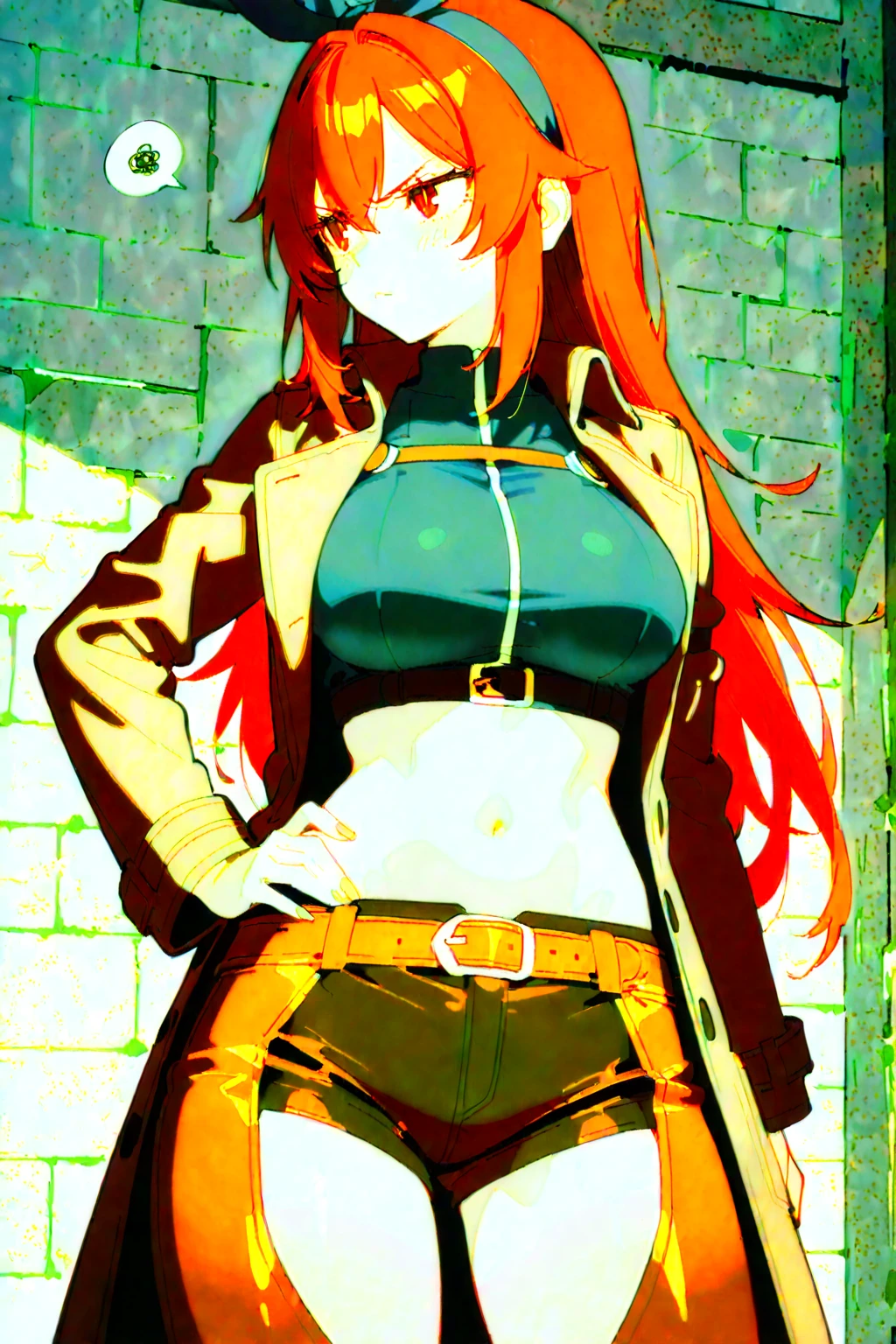 She's a girl from Minecraft. She has orange hair and wears a green outfit. Her pants are brown. Make her look sexy. Draw her having sex