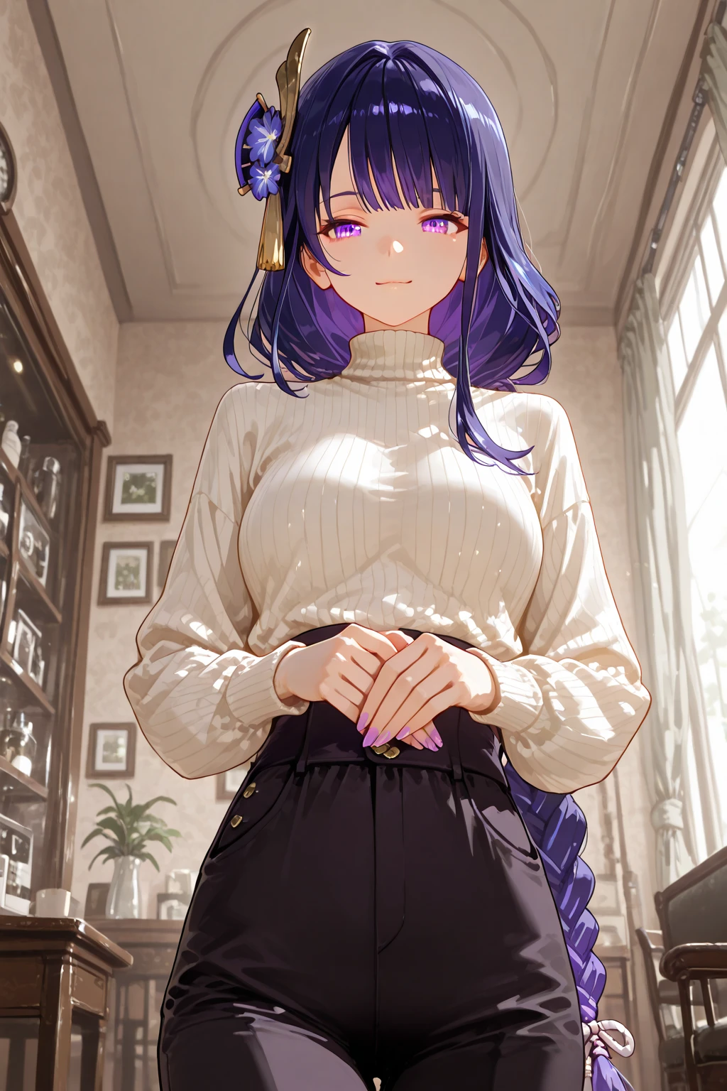 1 girl, single girl, cute, dark skin, tan skin, purple eyes, purple hair, short wavy hair, hair in bun, big breasts, wide hips, pink wool sweater, long skirt, married 