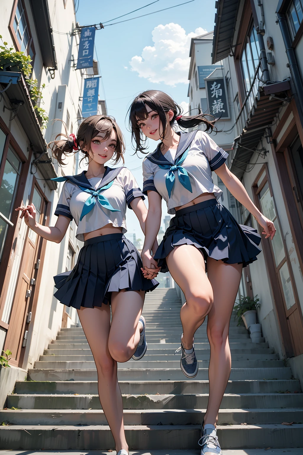 ((Highest quality)), ((masterpiece)), (High resolution), 8k, Best Shadow, The best natural light, Cinematic, (Two adult women climbing the stairs side by side), (Brown Hair,)、Looking back, bashful、Sailor collar、Fashionable white shirt、Sailor suit、Navy Pleated Skirt、(Navy blue socks)、((Rear view))、Angle from the rear, Navy blue socksにクローズアップ、Manga panel layout、Cartoon style、Manga Design、Station stairs、On the way to school, (Skirts that turn over in strong winds:1.4), Stylish white satin panties, Slender body,Beautiful thighs, Embarrassed look, Iori