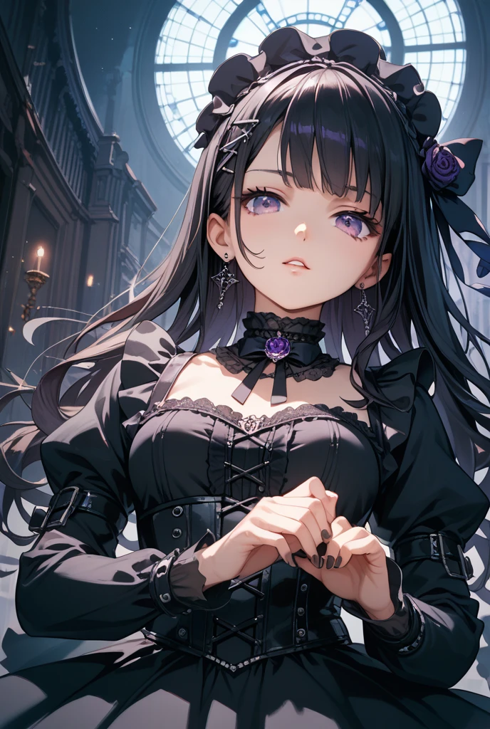 masterpiece, highest quality、Medium wide shot、1. A woman with beautiful eyes、smile、gothic、gothic、