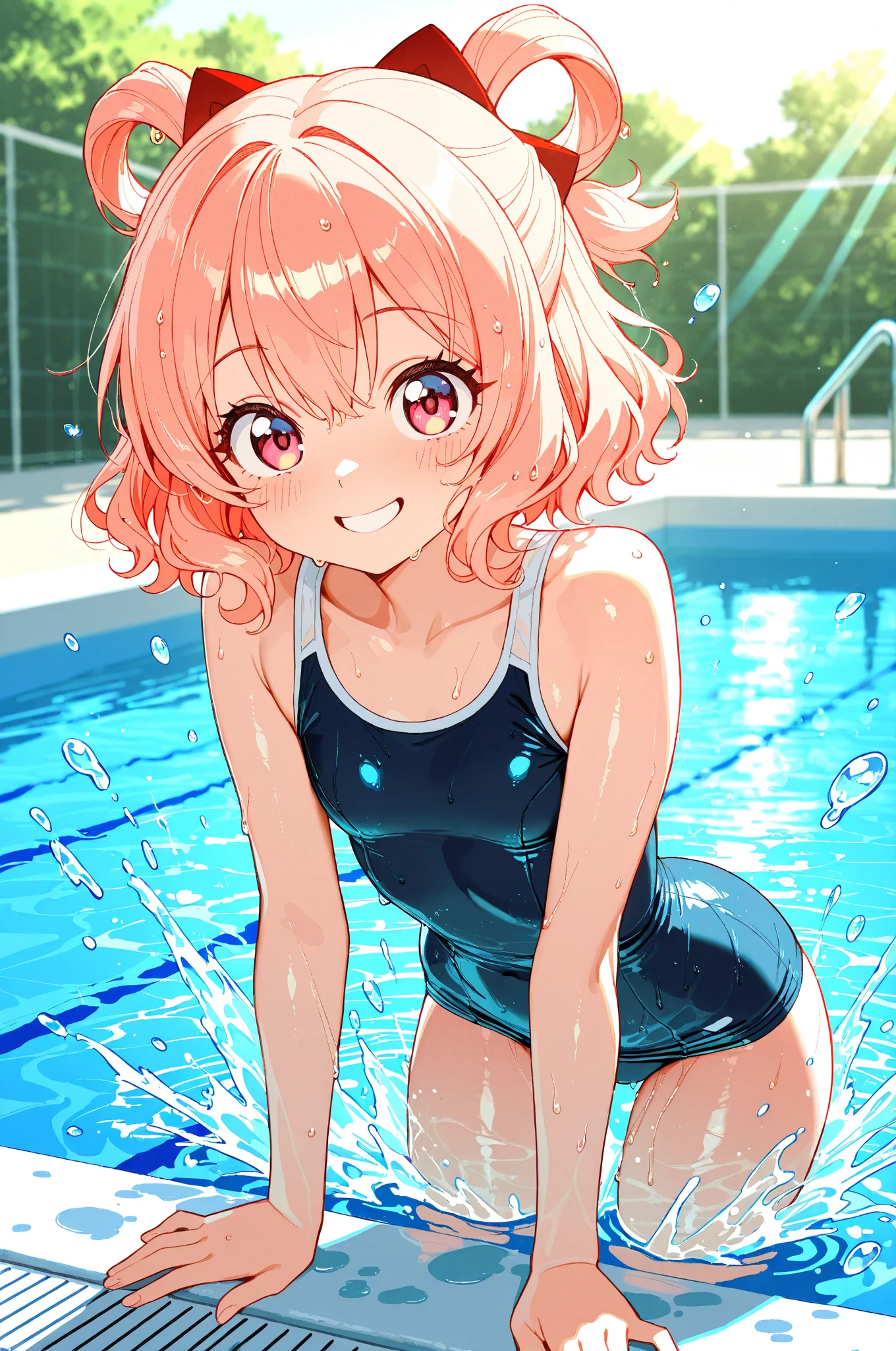 masterpiece，Highest quality，Cute doodles，Hilarious, Honor student, 8-year-old，Low length，Curly Hair, Twin tail hair，Vibrant, inquisitive eyes，freckles，Thick eyebrows，Open Fly，Swim in a simple pool in your garden，Jojo Fashion，Water gun，Wet body，たくさんのsplash，Water Drop，enjoy playing in the water，splash, Sheer one-piece swimsuit for children with white skirt,