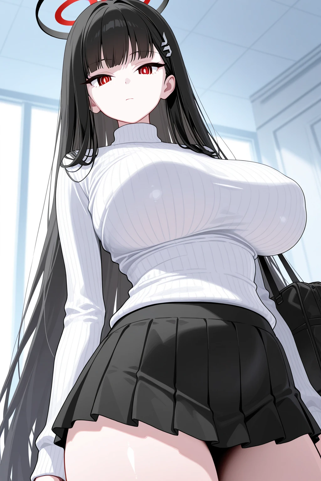 (masterpiece), (best quality), (ultra-detailed), ((girl, 29 years old)), an extremely delicate and beautiful, detailed eyes, minute details, (black hair, long hair, straight hair, hair between eyes), ((big breasts)), smile, open mouth, ((beautiful eyes)), (blue eyes), (upper body), she is wearing a blue dress, (detailed clothes), (detailed background, in a hospital, hospital hallway), (monochrome)
