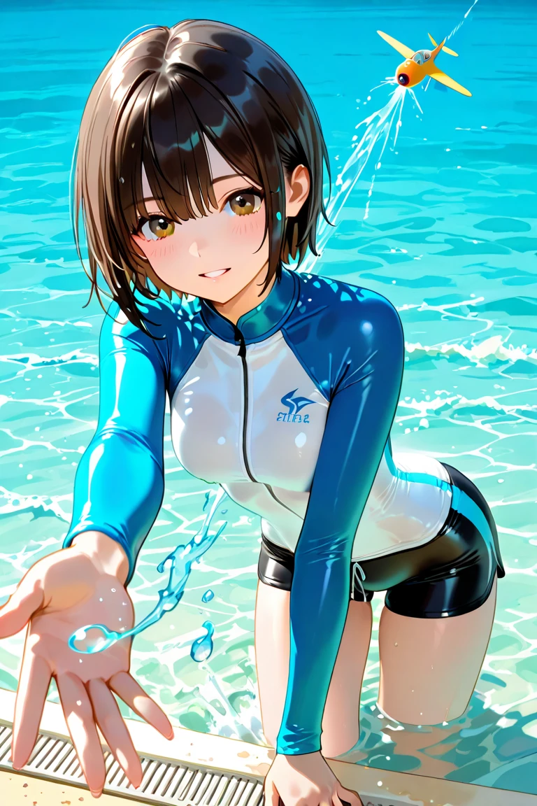 ((Lying on a rubber boat floating on the sea)), ((rash guard)), ((swimsuit sides see-through)), ((The swimsuit is a vivid color)), holographic fabric, skindentation, skinny, solo, 1 woman, Masterpiece, highest quality, highest quality, 16K, incredibly absurd, highly detailed, 2.5D, ai-generated, delicate and dynamic, very delicate facial expressions, delicate eye depiction, erotic, only sexy woman, ((A cute and kind face)), healthy figure, 25-year-old woman, bride, 160cm tall, medium firm swaying bust, (dark hair), black eye, blush, Sweat,Embarrassed,sexy, ((thin thighs)), (Erect nipples:0.7), (visible nipples:0.7), ((shiny and lustrous)), facing straight at viewer, ((brown black skin)), ((Oily_skin)), sweaty skin, wet skin, (suntan), dutch angle, ((sexy pose)), Dynamic poses, ((Summer Sea)), Strong sunlight, ((On the open sea)), ((sexy pose)),, ((Lying)),, ((On the open sea)), Knee Up,