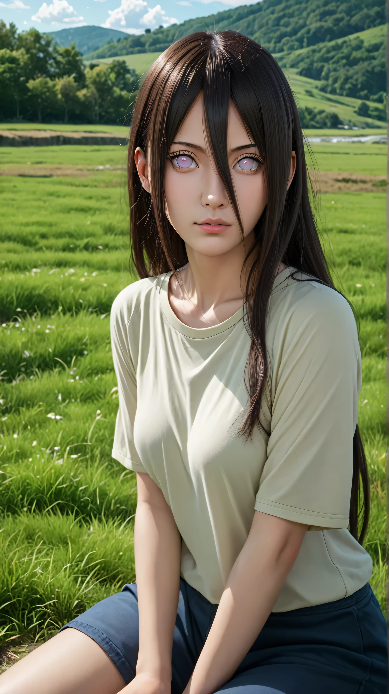 1girl, solo,hanabi hyuuga,sbrown hair,long hair,outdoors,potrait,grass field background,medium breast,byakugan eyes,(hair between eyes:1.5),(wear flanel shirt:1.5),sitting on river