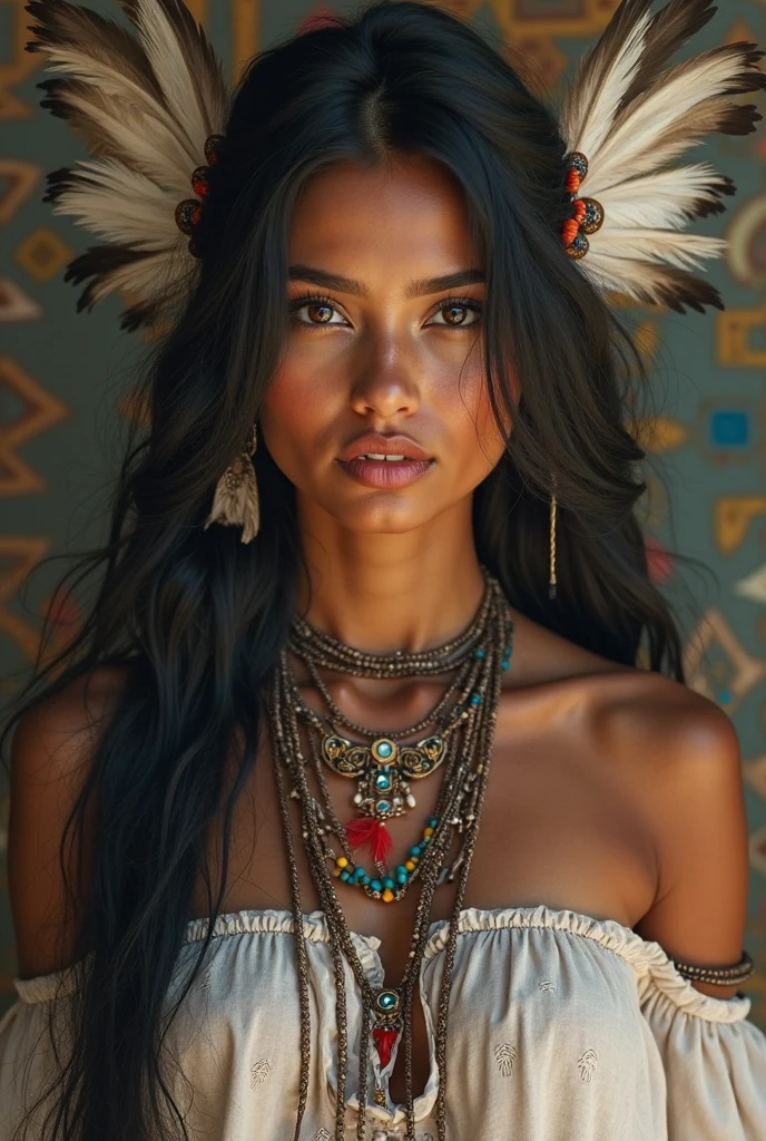 Realistic image of a woman, alone, with long hair, looking at the viewer, black hair, brown eyes, jewelry, braid, earrings, dark skin, necklace, mole, dark-skinned woman, lips, tattoo, feathers, headdress, facial tattoo, Native American