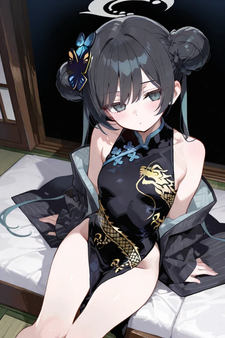 1girl, kisaki \(blue archive\), armpits, arms behind head, arms up,  shoulders, black dress, black hair, blush, braid, braided bun, , butterfly hair ornament, china dress, chinese clothes, covered navel, double bun, dragon print, dress, grey eyes, hair bun, hair ornament, halo, long hair, looking at viewer, lying, on back, pelvic curtain, short dress, side slit, small , solo, thighs, twintails, absurdres, highres, newest, masterpiece
