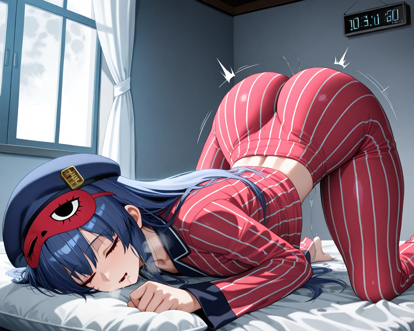 tennis girl's massive rear butt cheeks out of bottomless slutty mini skirt out bare, showing her butt, lying down, on bed, wearing oven mittens under big pillow, blindfold
