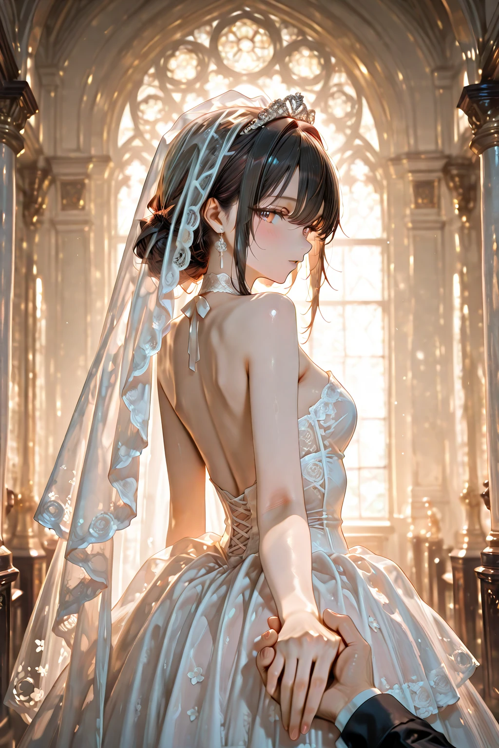 (Highest quality, High resolution, masterpiece:1.2,), figure, night, One girl, whole body, (Wedding dress), Put your arms behind your back, Wait for a kiss, View your viewers, Happy, blush,