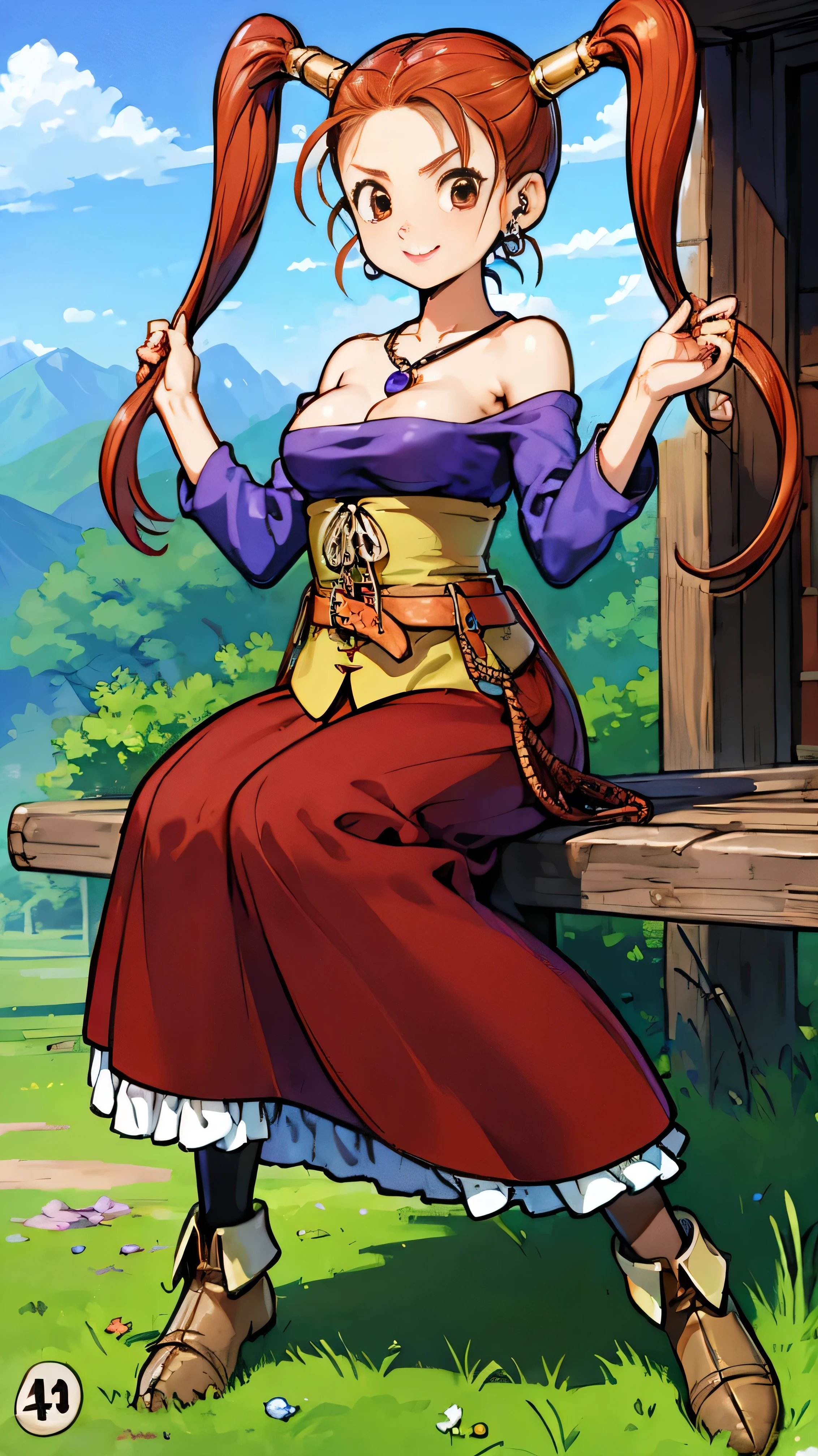 ((top quality,top quality,Ultra High Definition,4K,8k)),slender body,eyeshadow,Red Lipstick,Small Faces,Japanese Women,(real face 1.1),(perfect face 1 .1),(Charming smile 1.3),Korean idol,Nogizaka idol,(purple dress 1.2),earring,gem,off shoulder,strapless,(Dildos inserted before wearing a corset),Long Hair,twin tails, Zeshika cosplay,(long red skirt 1.2),In the woods,,Long Sleeves,necklace,I'm sitting on a wooden chair and crossing my legs(take a picture of your full body 1.5),((ドラゴンクエストⅧ Zeshika)),