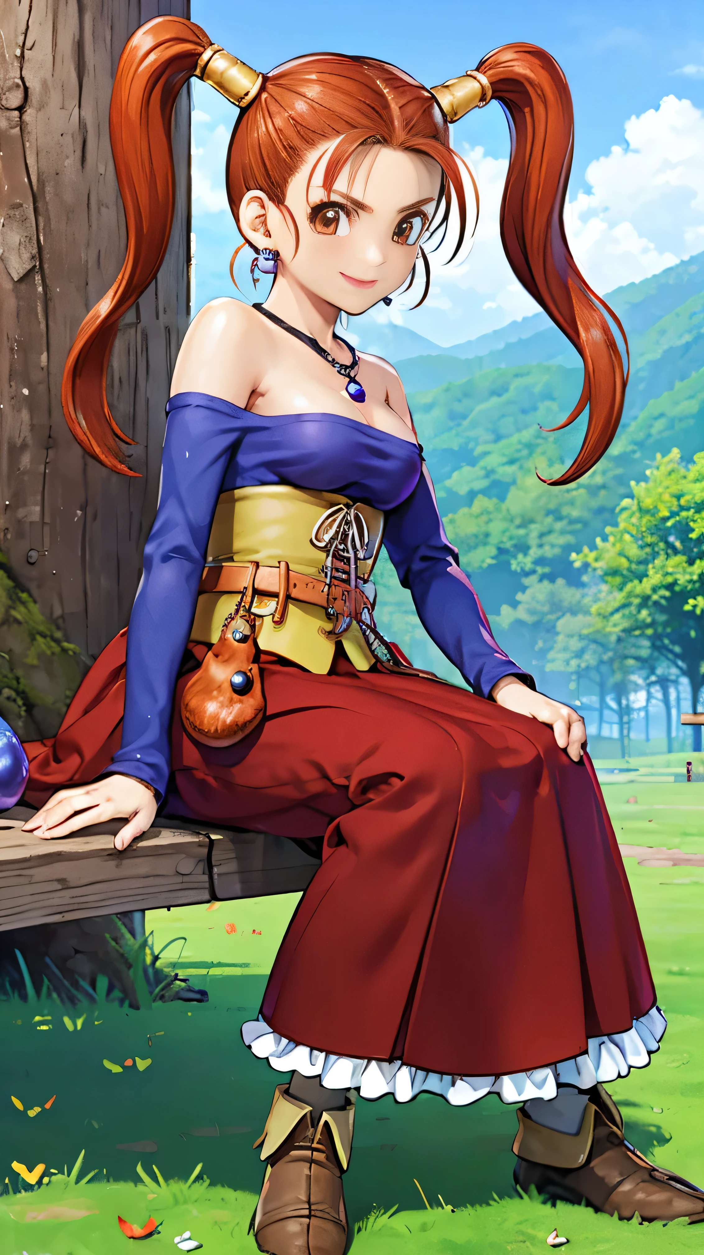 ((top quality，top quality，Ultra High Definition，4K，8k))，slender body，eyeshadow，Red Lipstick，Small Faces，Japanese Women，(real face 1.1)，(perfect face 1 .1)，(Charming smile 1.3)，Korean idol，Nogizaka idol，(purple dress 1.2)，earring，gem，off shoulder，strapless，(Dildos inserted before wearing a corset)，Long Hair，twin tails， Zeshika　cosplay，(long red skirt 1.2)，In the woods，，Long Sleeves，necklace，I'm sitting on a wooden chair and crossing my legs(take a picture of your full body 1.5)，((ドラゴンクエストⅧ  Zeshika))，