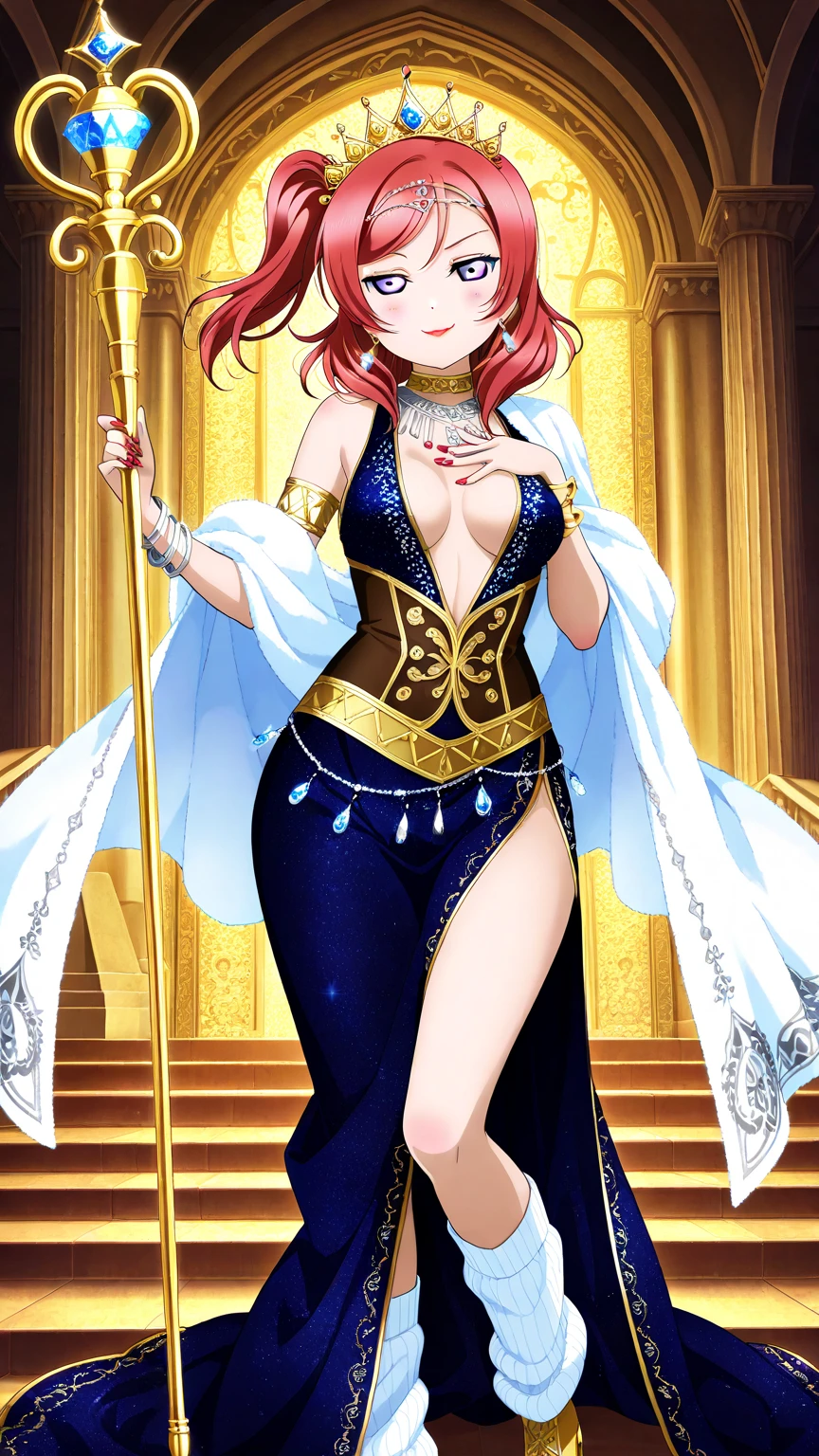 shikimori, medium breast, slim legs, blue gown, navel, skirt, standing, beautiful eyes, blue eyes, happy, arabian belly dancer, stage
