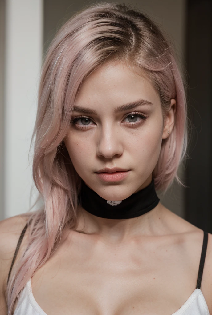 thin pink choker collar on a girl&#39;s neck in full growth