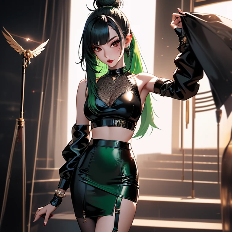 8k, masterpiece, best quality, highly detailed, 1 girl, tiefling, warlock, multicolored hair, very short straight hair green highlight hair on white hair, strippled hair, wearing glasses, round glasses, earrings, navel piercing, miniskirt, red eyeshadow, long eyelashes, blushed cheek, red lips, necklace, rings, collarbone, mole, glamorous, pale green clothing, smirk, fullbody view, rings, looking at viewer, demon horns, solo, nightmarish landscape, blue pale moon, standing, cosmic horror, decaying.