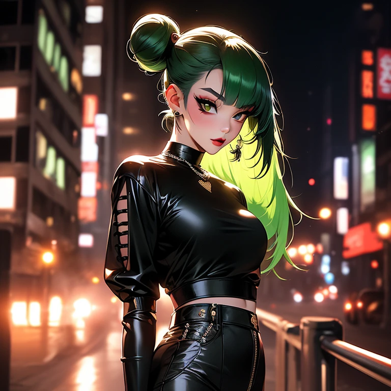 "(masterpiece, best quality, 8k, sharp focus, depth of field, best shadows, perfect lights, HDR, realistic skin texture, ultra-detailed background, detailed)", anime style, 1 woman, (green eyes, white skin, black hair with twintails, choker, small breasts, slim, makeup, eyeliner, glow) in very lewd poses in a cyberpunk cityscape.