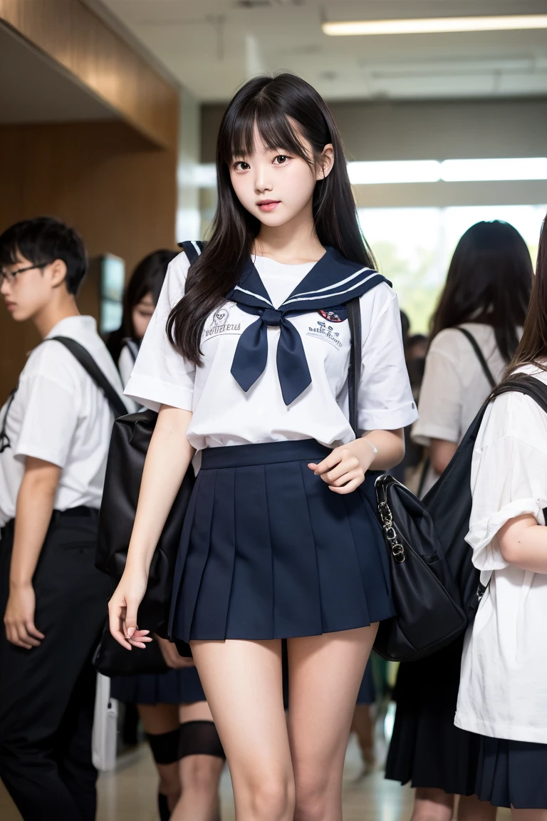 Highly detailed CG Unity 8k wallpaper、Highest quality、Ultra-detailed、masterpiece、Realistic、Photo realistic、２Cute schoolgirls、Japanese girls uniform、Japanese 、20-year-old、(Skirt rip)、((Roll up the skirt yourself))、White panties、Panty Focus、blush、Lips parted、Looking at the audience、Full Body Shot、From below、crowd、classroom