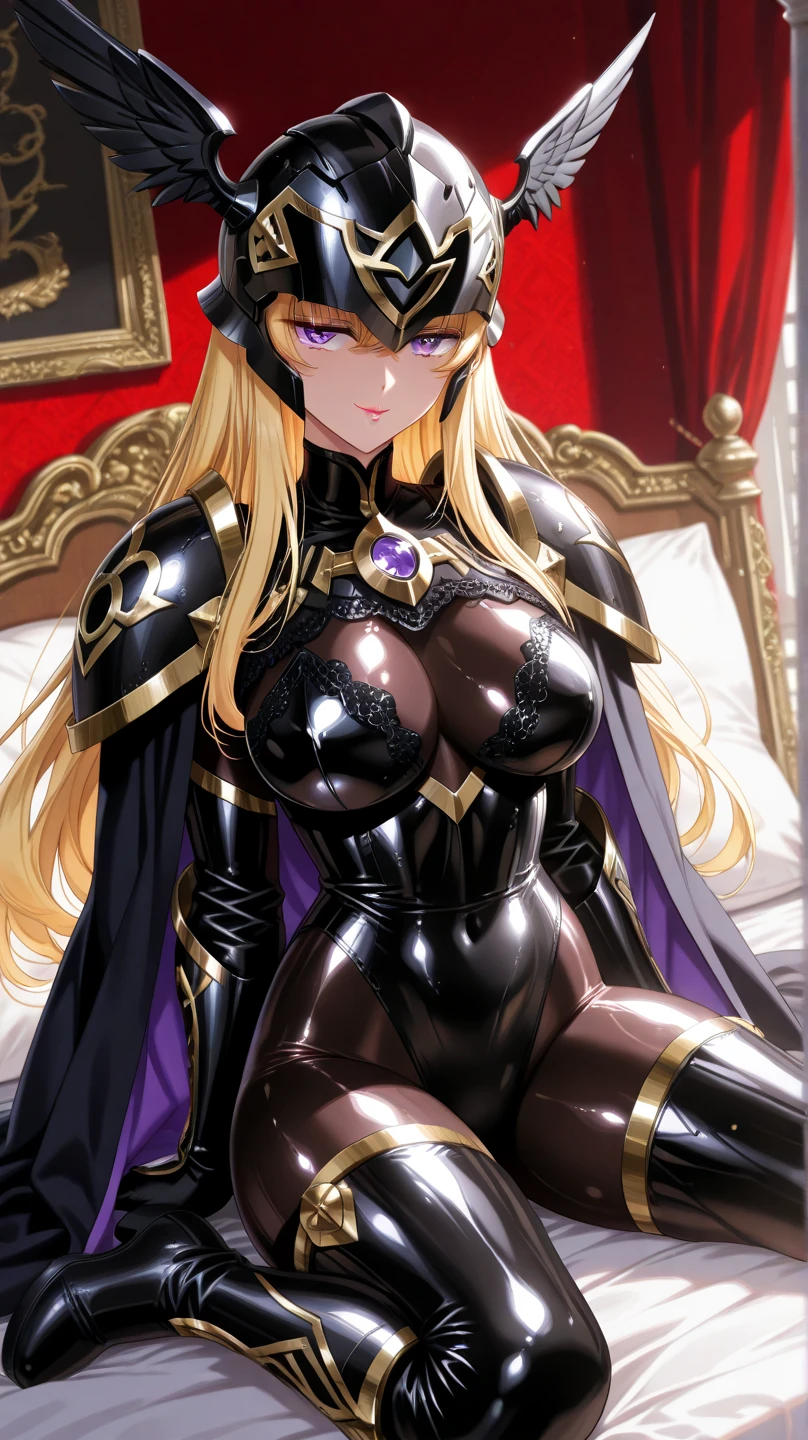 ((Highest quality)), ((masterpiece)), (detailed), （Perfect Face）、The woman is Princess Leona, who is having sex with the man astride her and having his penis enter her vagina and ejaculate. She has medium-long light brown hair and is wearing a shiny, flashy, sexy, and revealing black evil dress bodysuit, an open-front skirt, a cape, and a headgear. She is an evil female executive and is having sex with the dignified boss of an evil organization.、Women are brainwashed, expressionless, and have no highlights in their eyes.、The woman is being held close by the powerful boss of an evil organization.、A strong male boss of an evil organization is sitting on a luxurious sofa with a woman, embracing her, kissing her, having sex with her, and loving her.、The man is a dignified and powerful boss of an evil organization, wearing a luxurious and stately evil bodysuit and cape.