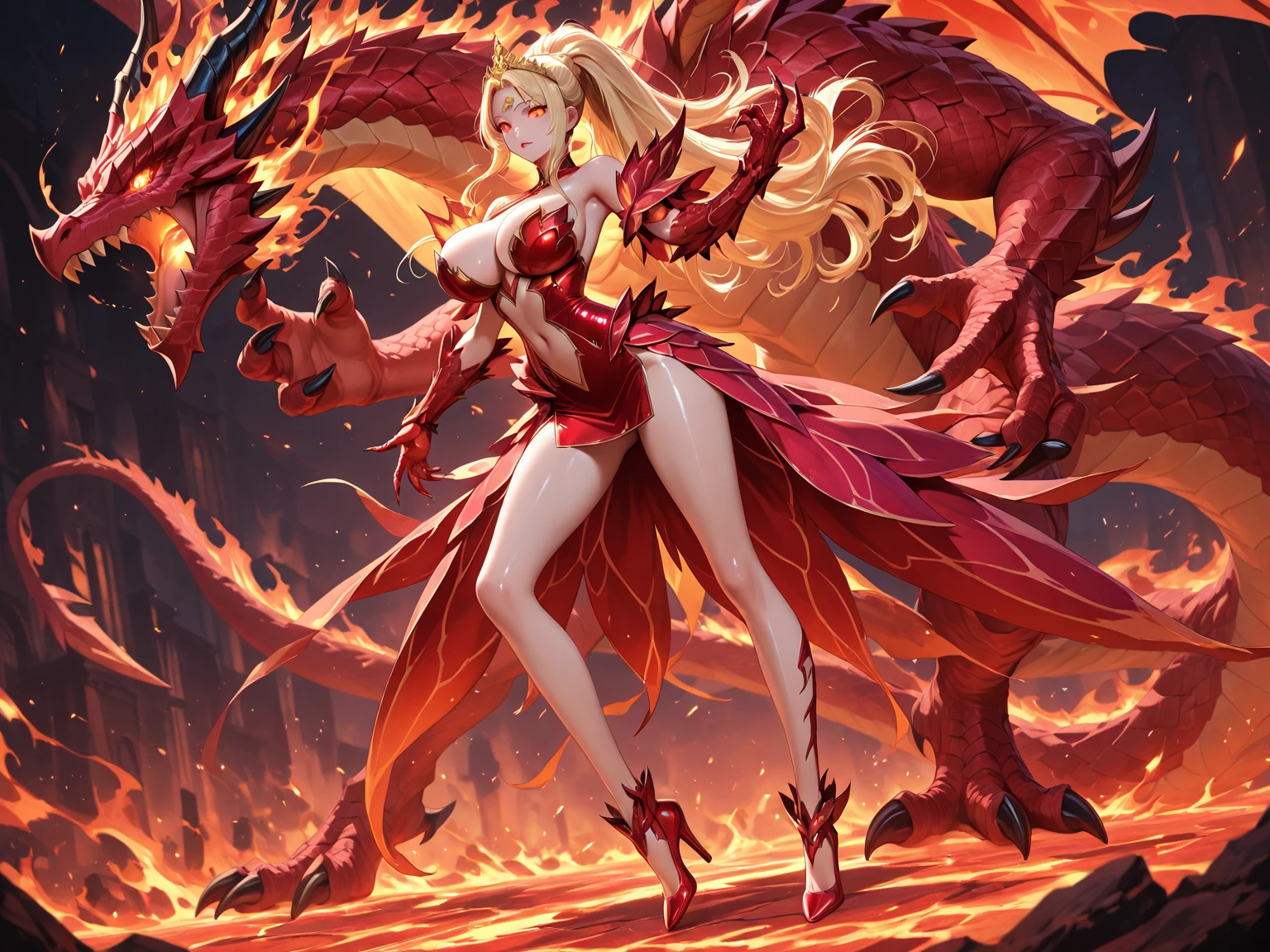(best quality,4k,8k,highres,masterpiece:1.2), ultra-detailed, realistic, naked sexy dragon woman with red gold glittering scales, skin is glittering ruby and golden scales, long wavy blonde hair with red highlights, very playful but mischievous smile, huge tits, gigantic breasts, naked, nude, detailed crotch, detailed vulva, sexy pose, playful, bi-coloured eyes, heterochromia, lustful