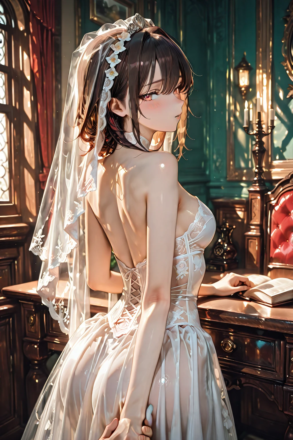 A girl，Long hair, Bangs, Orange Hair, Hair between the eyes, (Red Eyes:1.5),  (Large Breasts:1.2), 
rest  锁骨, Wedding dress，veil，wedding，White Dress，Flowers，The skirt is broken，White socks，Tights，Black knee socks，
Looking at the audience, whole body,Put your hands in front of you，手拿Flowers，
indoors, church，permanent，permanent，
rest (masterpiece:1.2), best quality, high resolution, Unity 8K wallpaper, (illustration:0.8), (Beautiful and delicate eyes:1.6), Extremely detailed face, Perfect lighting, Extremely detailed CG, (Perfect hands, Perfect anatomical structure),