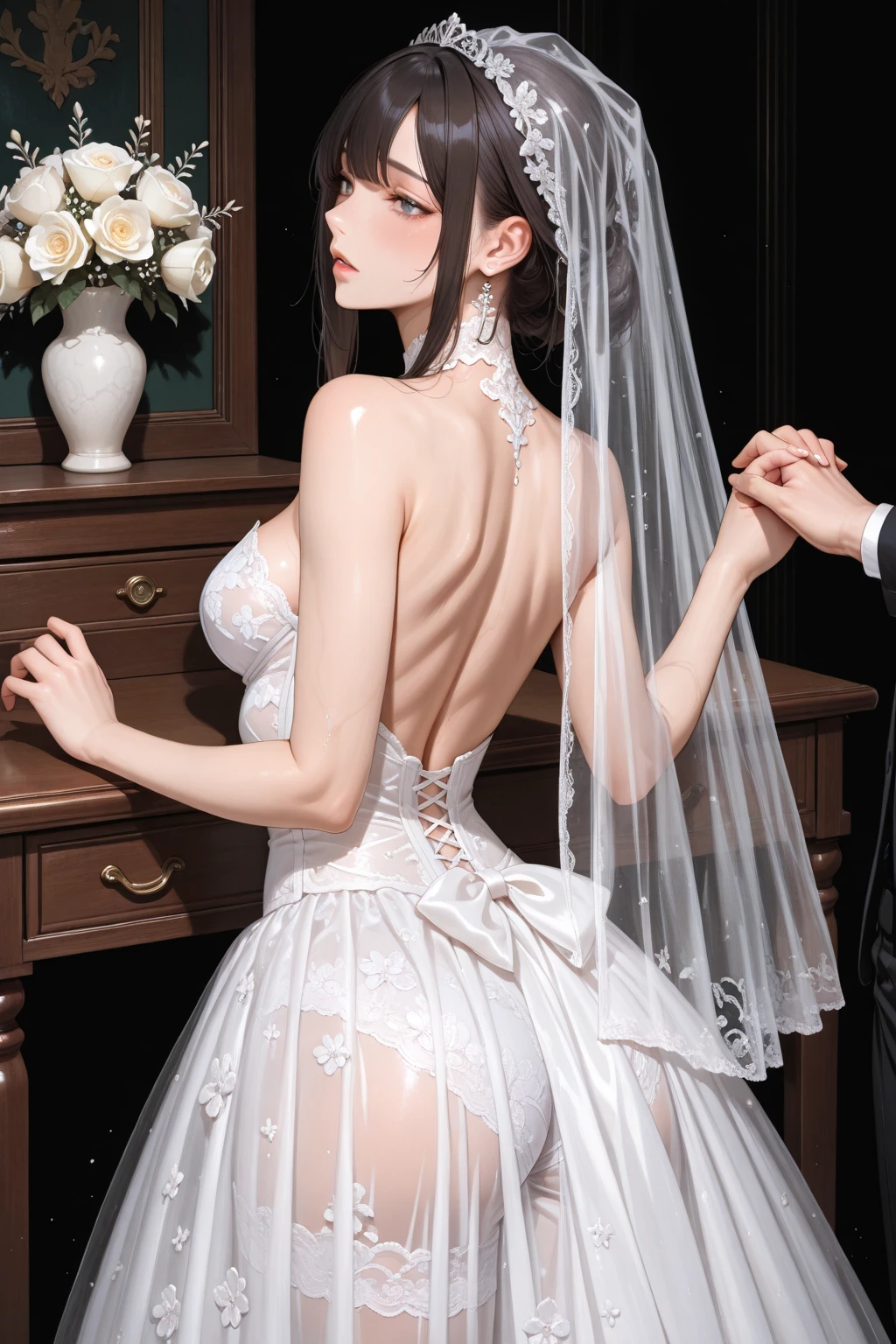 look up, 8K, masterpiece, Most detailed, Highest quality,, create a sense of fit, Cute Girls,Side Tail, (Wet),Sun light,((wedding)),pubic hair,Veil,(((bride))),((show off)),(ふっくらとしたNipples),Ecstatic expression,Outdoor,White lace,Nipples,Ample breasts,Saggy breasts,Hime cut,One female,Stick your butt out,Front lighting,hard core,