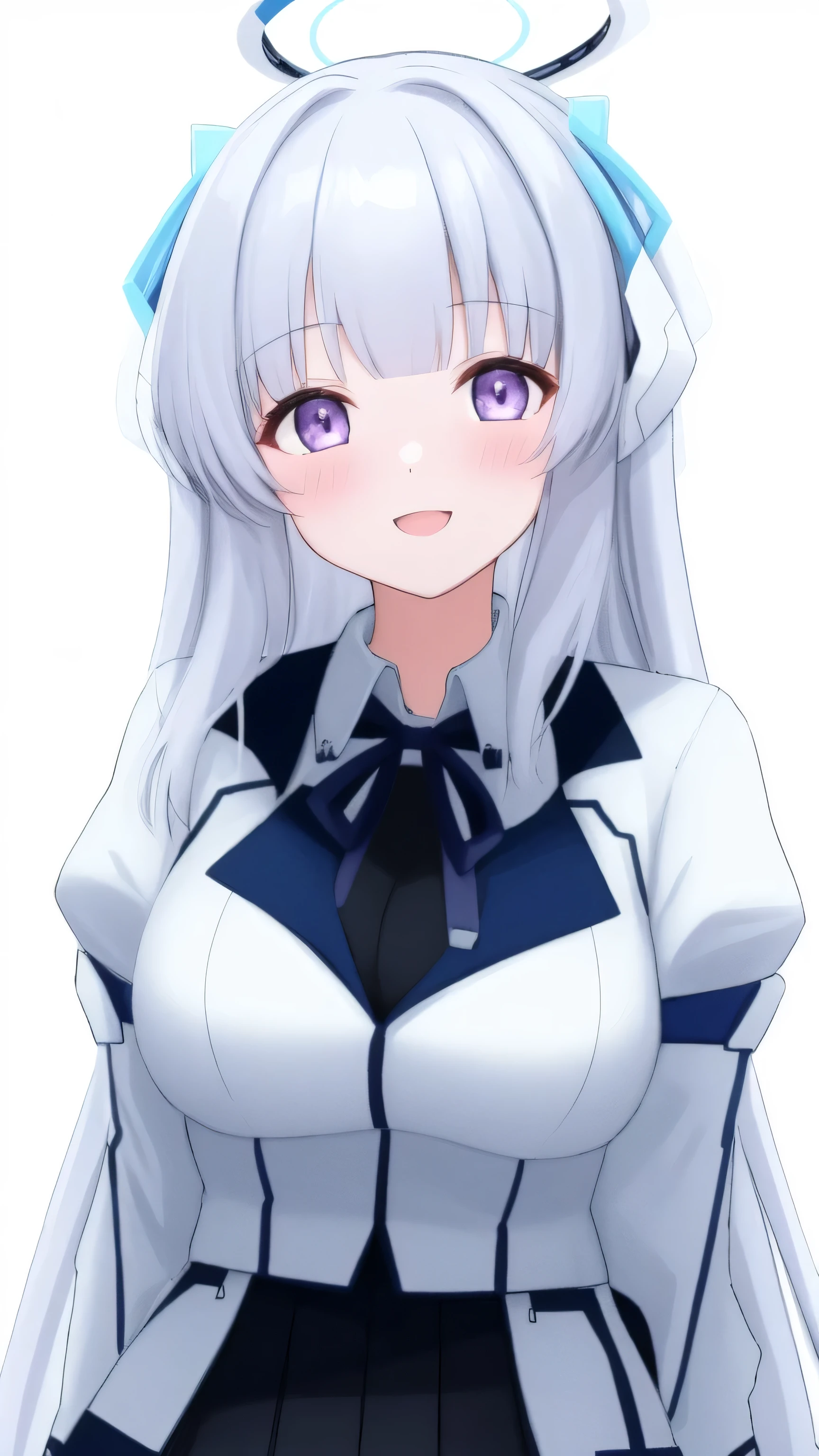 A girl at home, NAKA NO._Future, , unique , Purple_ With eyes , White_hair, Long_hair, hair_between_ With eyes , White_, _Outfit, White_ Background and  , Watch_Shown in_ use the following method to view viewerBackground,   blushing,Smile，Open Your Mouth，Reach out臂,Reach out，close your eyes，Smile着，