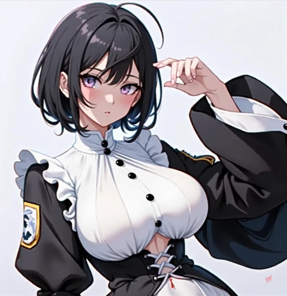 "(perfect masterpiece:1.2), (best quality:1.2), stunning face, uniform, mature and chubby, big pupil, bright eyes, compensate, long and luxurious eyelashes, lip whole, irresistible charisma.",Maid clothes,belly button,(((beautiful eyes))),(((very short hair))),abs,side