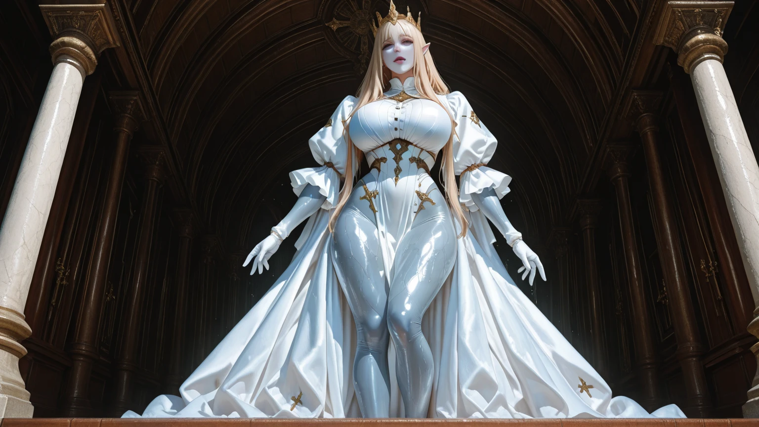 _Phil stands at 1.46 meters with an unchanging expression that belies his enigmatic aura. Despite his blindness, he keeps his eyes closed, enhancing his mysterious presence. His skin is icy to the touch, emanating a distant and ethereal energy. His voluminous, faded blonde hair cascades down, contrasting with the crown of white flowers that adorns his head._
_Phil’s attire reflects his unique style: a faded cyan tank top, black jeans ripped at the knees, and orange boots with white details. A short skirt matching his tank top adds to his distinctive look, while a small silver Ying-Yang necklace signifies his Buddhist faith. His physical characteristics, including large thighs, hips, vulva, waist, and a large rear (with 1.17 meters each), contribute to his androgynous appearance. Phil proudly identifies as bisexual and embraces his uniqueness.