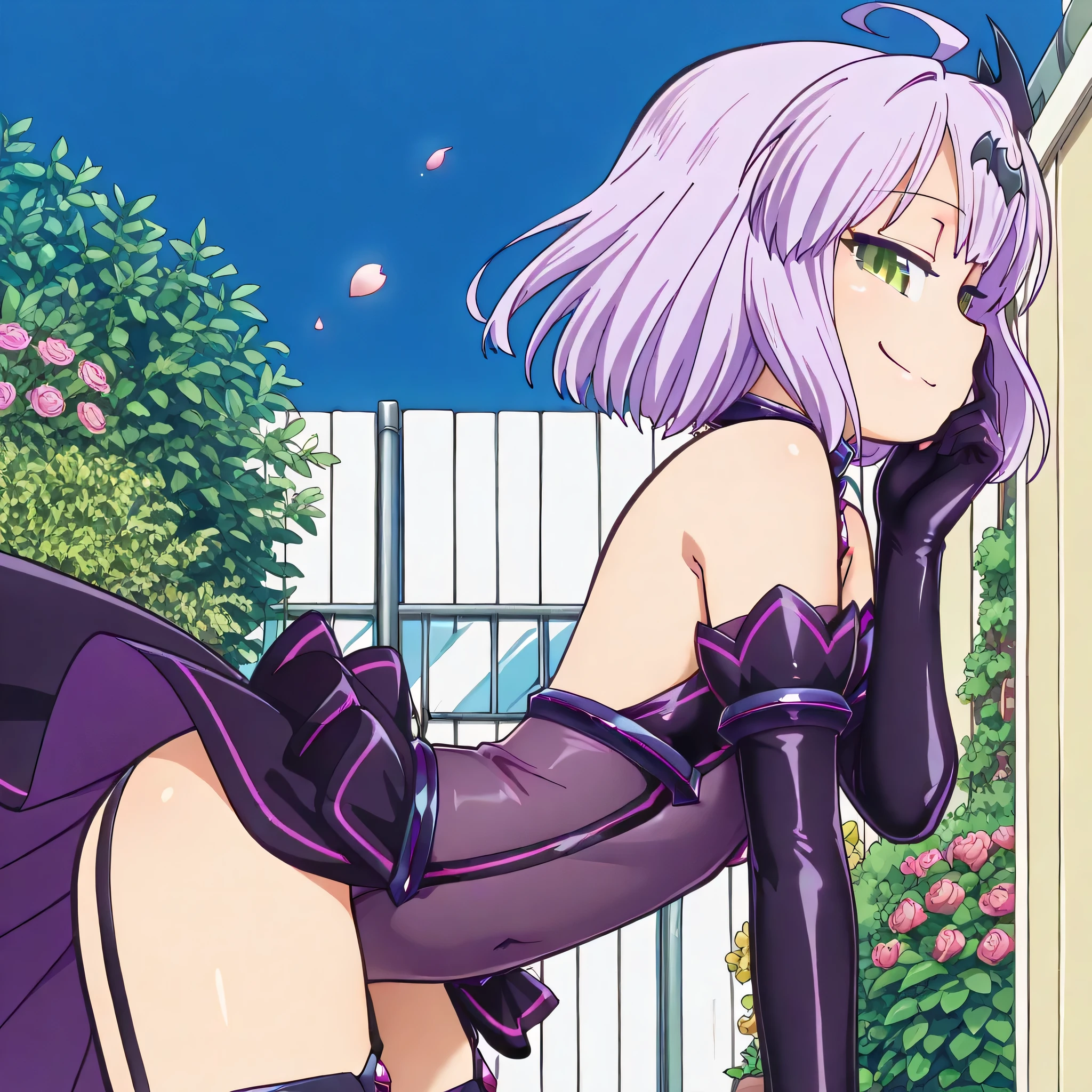 (((Masterpiece))), (((Best Quality))), ((Super Detail)), ultra-High resolution, score_9,score_8_up,score_7_up,score_6_up,score_5_up,score_4_up, BREAK, source_anime, anime screencap, uncensored, rating_explicit, Masterpiece, (absurdres), (detailed background), (very aesthetic), detailed beautiful eyes, outstanding, countershading, detailed soft lighting, an exquisite animation illustration, curvy, highres, dark persona, purple eyes, purple hair, covered navel, showgirl skirt, thighhighs, elbow gloves, garter straps, (((solo, 1girl))), hair ornament, pose, submissive pose, anime style, anime coloring, animification, megami magazine, pose, small , niikura, green eyes, medium hair, short hair, city_style, cartoonized, looking from side, from side, view from side, arched back, leaning forward, , smile, hand on face, smile, flower, garden, petal, windy, outdoor, blue sky, looking at viewer