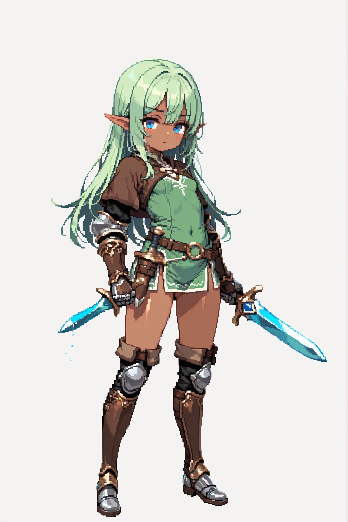 2girl, elf, dark skin, breasts, (long green hair:1.1), blue eyes, brown adventurer outfit, metal boots, gauntlets, white background, full body, pixel art, dagger, (loli)