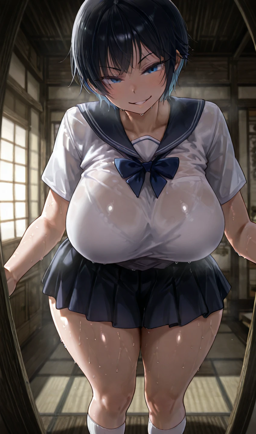 アニメ,Perfect Anatomy,Suguha Kirigaya,1female,crossed eyes,(rolling eyes),open mouth,(tongue out),(crying),underboob,(highleg),((micro skirt)),short hair,large breasts,(slim body)