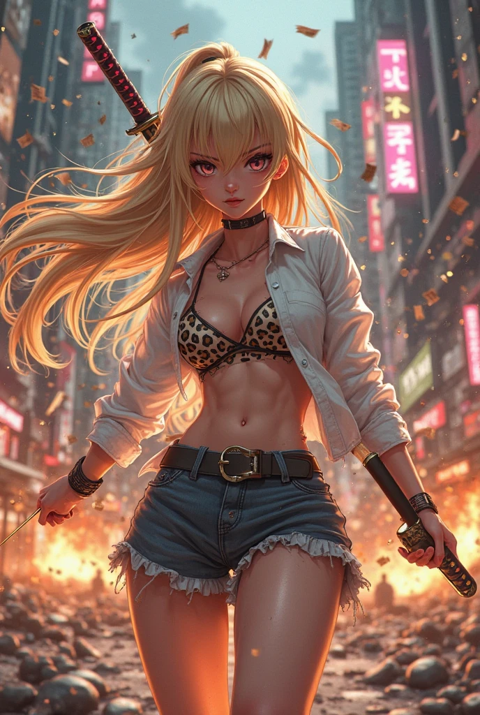 (masterpiece, best quality, detailed), 1girl, solo, looking at viewer, hkingrid, dark skin, purple lipstick,
<lora:ExoMagmaTech-20:0.9>, exomagmatech, lava made, translucent, glowing eyes, (short shorts, black jacket, open jacket, tube top:0.7), outdoors, rooftop, day, cityscape, blue sky, cloud, scenery, railing, <lora:midfinger-left-v2-wasabiya:1>, middle finger, smile, parted lips, evil smile