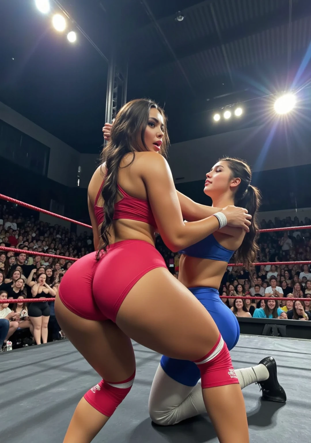 Two girls boxing, both have huge breast and huge asses, both in tight fitted dolphin shorts, one girl wears purple the other wears blue and both have pink hair and sports bras