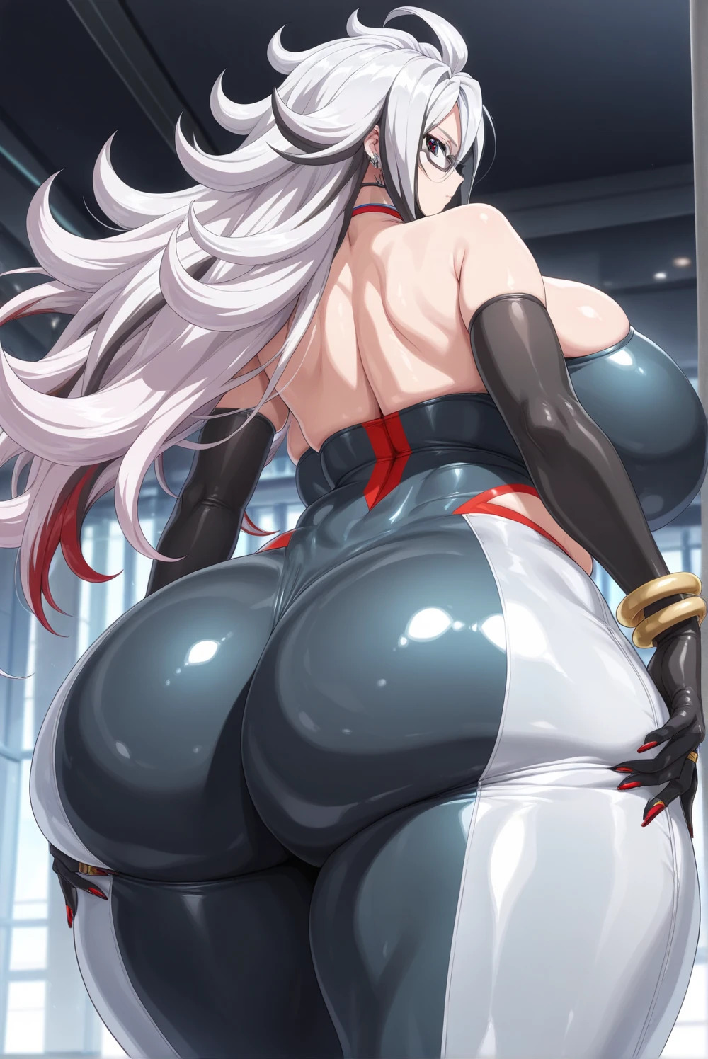 highest quality、Realistic、female、zoom、Orange Eyes、Silver long wavy hair、Hero Suit、Glossy bodysuit、A plump figure、Dark Skin、Large Breasts。Big Ass、Rooftop、An inappropriate smile、Bust Shot、